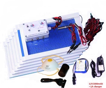 Bee venom collector kit with panels, power controls, mask, scraper, and storage accessories