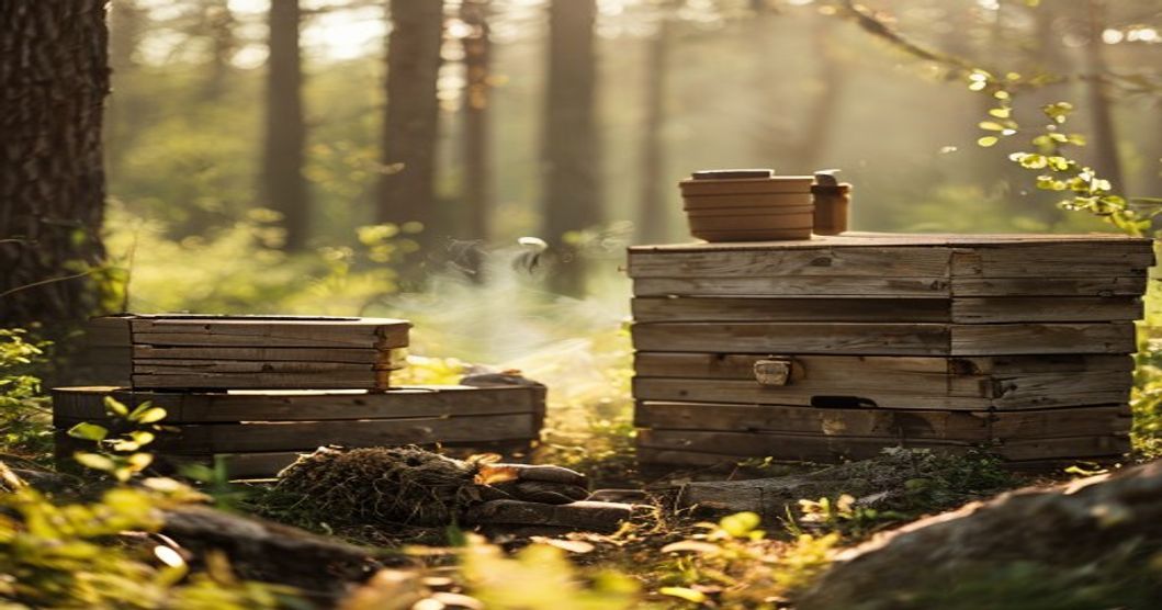 Beekeeping gear, hive frames, and a smoker arranged near a working apiary